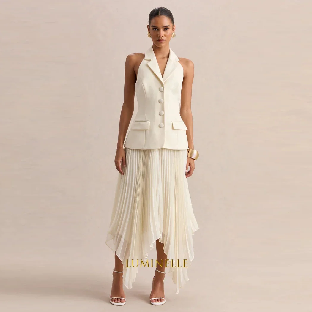 Cream Plunge-Neck Evening Dress With Hanky Hem Chiffon Pleated Formal Party Dresses For Women V-Neck Summer Prom Gowns Customize