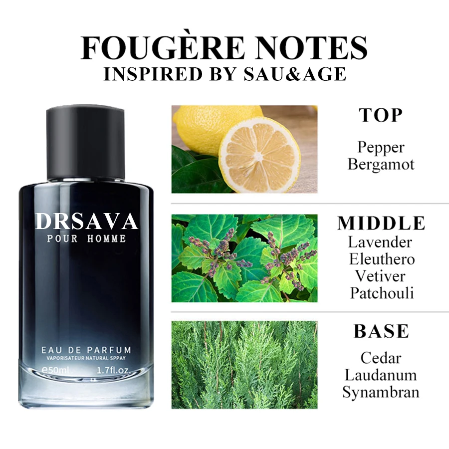 DRSAVA Fougere Perfume para Hombre, fragancia de cedro, lavanda, feronomía, larga duración, Eau de Parfum, 50ML, 1.7FL.OZ