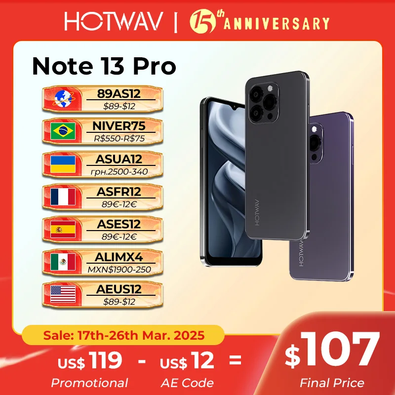 [Estreia mundial] HOTWAV Note 13 Pro 6,6'' HD + Android 13 16GB + 256GB Octa-Core 50MP NFC 5160mAh 18W Carregamento Adicionar ao carrinho e lista de desejos