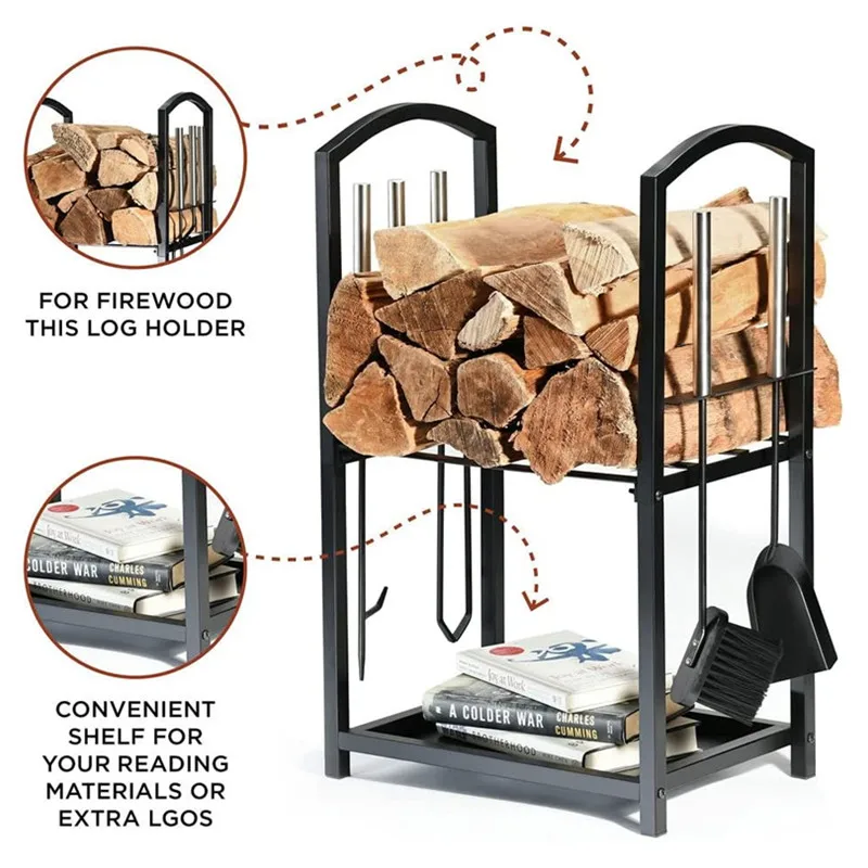 Modern Industrial Style Firewood Log Holder Indoor Outdoor Lumber Storage Rack with Black Iron Fireplace Sets & Accessories