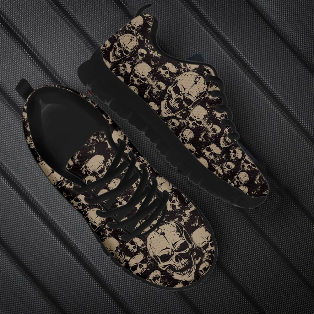 INSTANTARTS Gothic Fierce Skeleton Print Lace-up Sneakers for Women Shockproof Flat Shoes Lightweight Walking Shoes Size 35-45