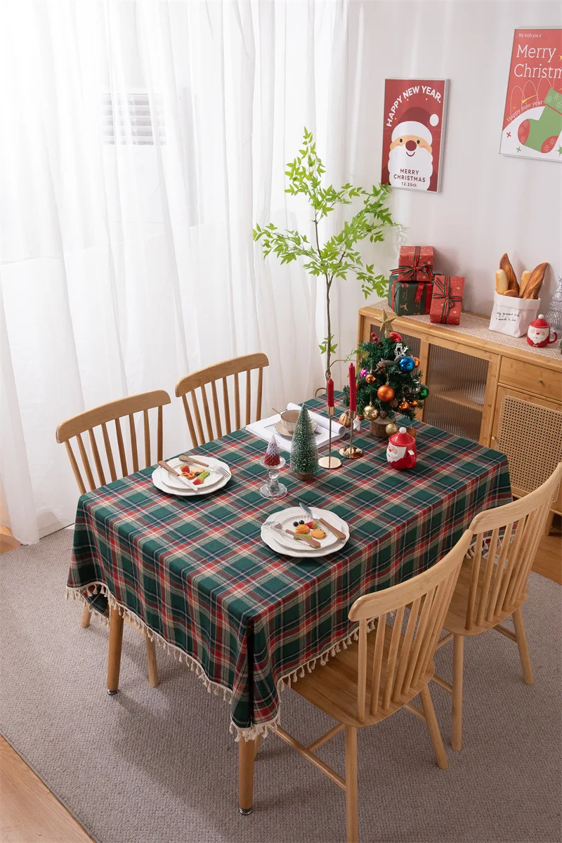 Weihnachtsdekoration, runde Tischdecke, karierte Tischdecke für Neujahr, Familientreffen, Restaurant, Party, Abendessen, Heimdekoration – Detail 13