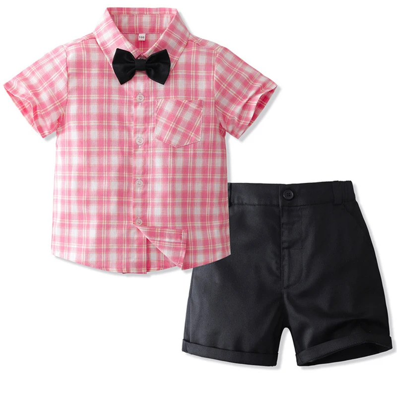 

3Piece Summer Toddler Boy Clothes Fashion Casual Gentleman Plaid Short Sleeve Baby T-shirt+Shorts+Tie Kids Clothing Set BC2364