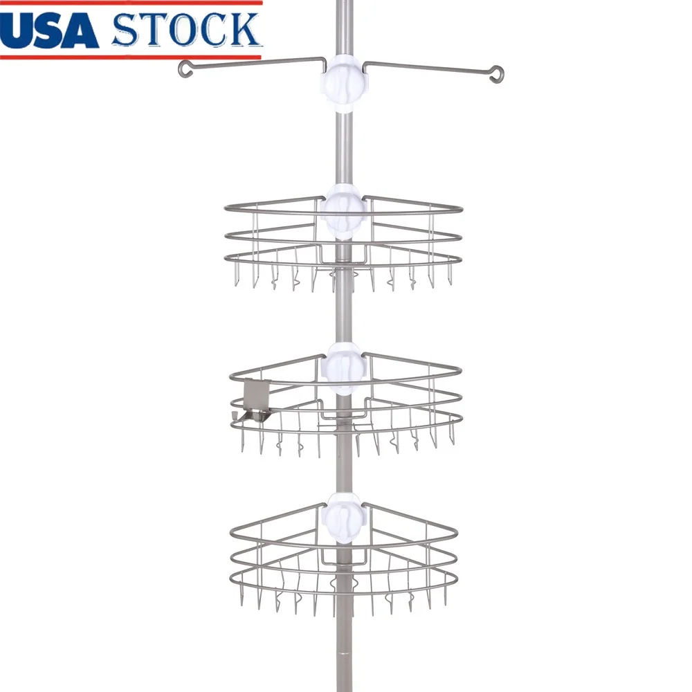 

4-Way Adjustable Corner Shower Caddy Rust Resistant Steel Tension Pole EasySlide Storage with Hooks Bathroom Essentials