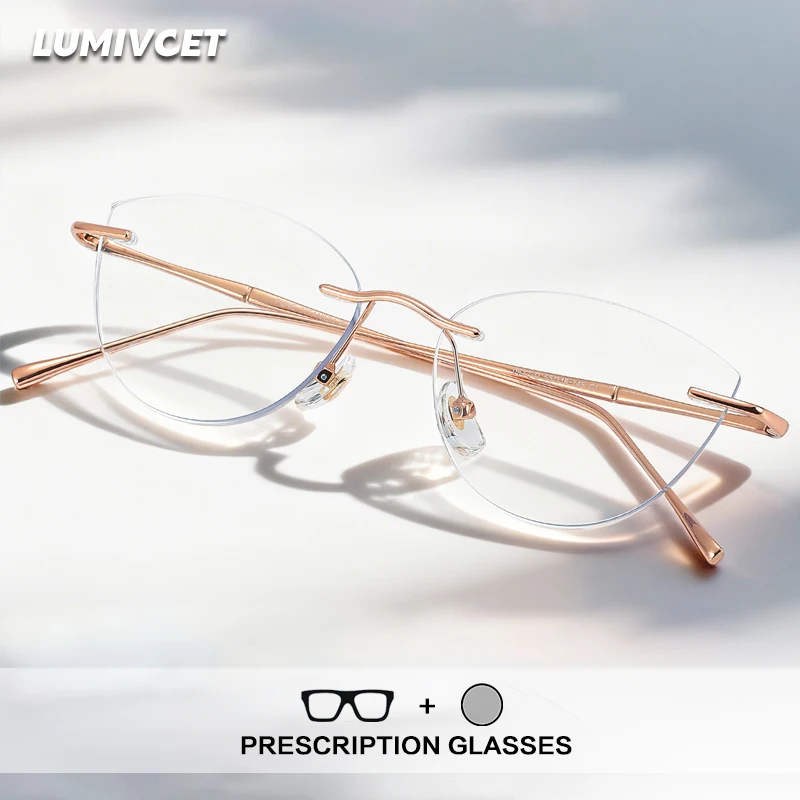 

Очки для чтения Lumivcet Titanium без оправы, женские, в форме кошачьего глаза, фотохромные, с защитой от синего света, безрамные, с диоптриями