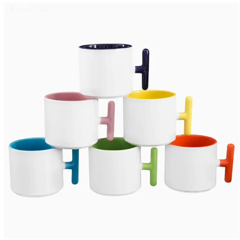 2PCS Creativity T-shaped handle ceramic mug Sublimation blank Color Coffee Mug Tea Cup For Customized Logo Picture Print DIY