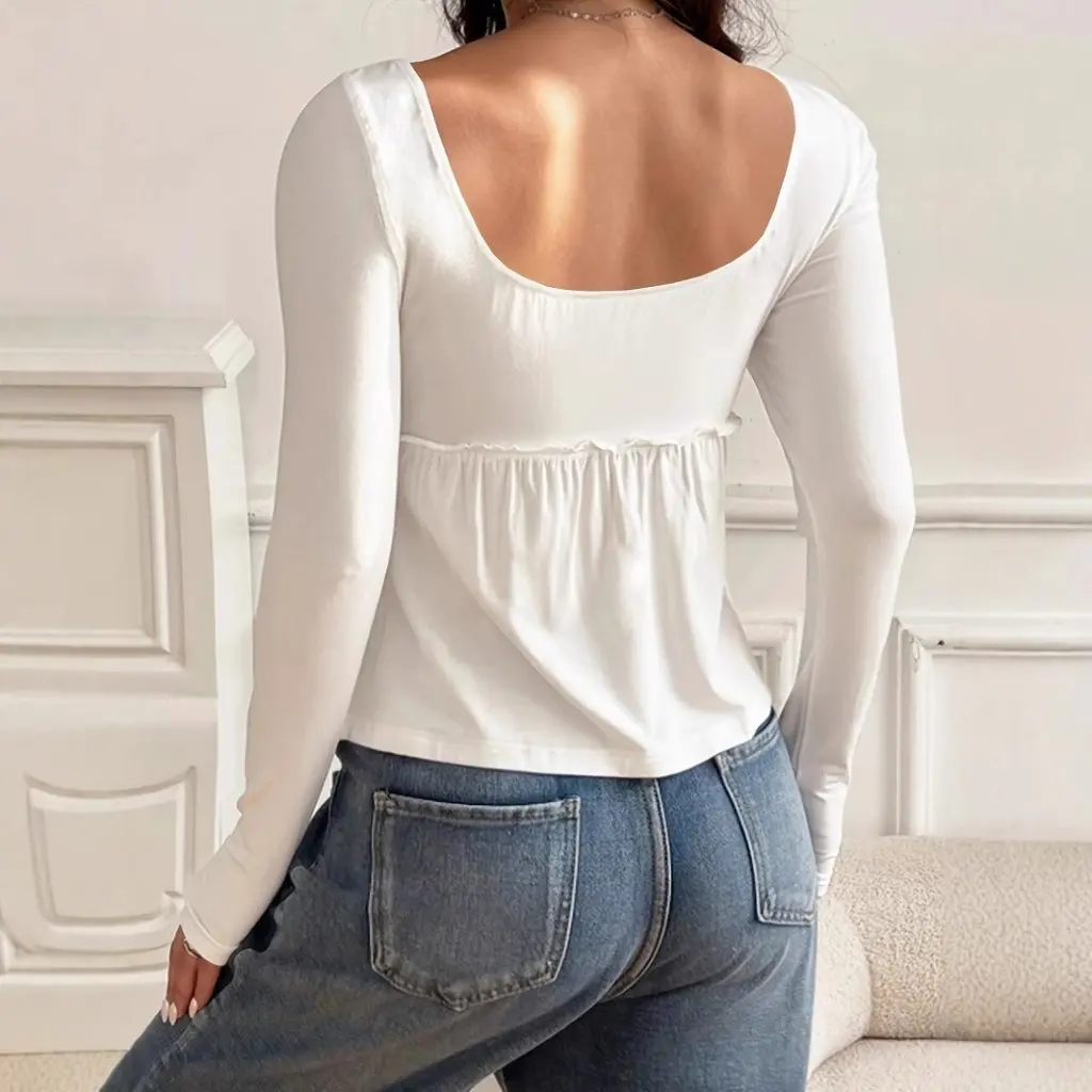 

Women's Elegant Versatile Square Collar T-Shirt Long-Sleeved Pullover Autumn Winter Simple Fashion European American Style