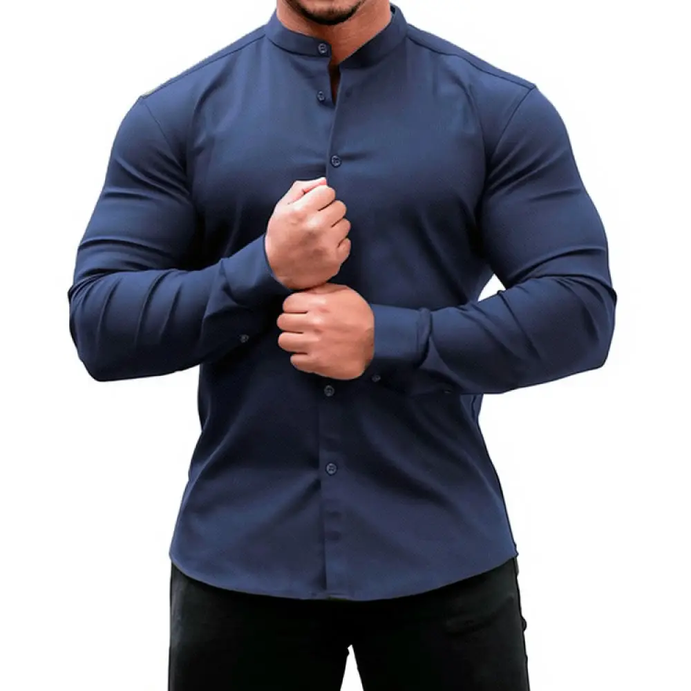 Mens Solid Color Casual Shirt Slim Fit Long Sleeve Button Down Breathable Quick Dry Stretch Fabric Business Daily Tops
