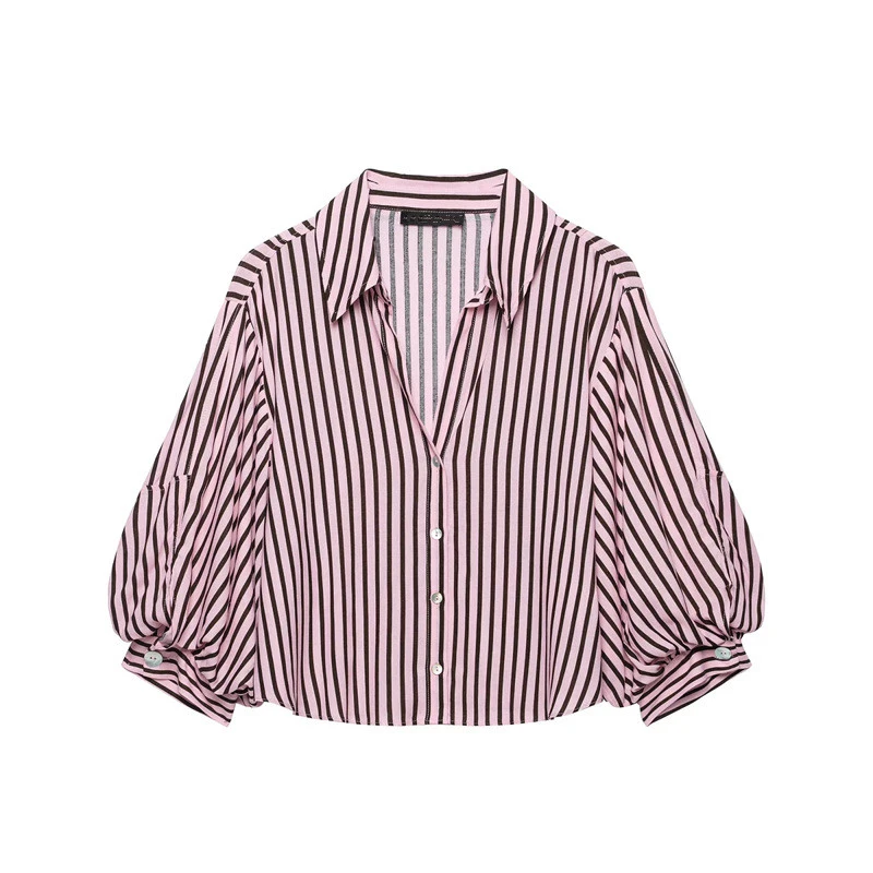 Maxdutti Minimalist Women's Autumn Collar Bubble Sleeves Casual Striped Shirt Women's Blouses And Shirt V-neck Woman Clothing