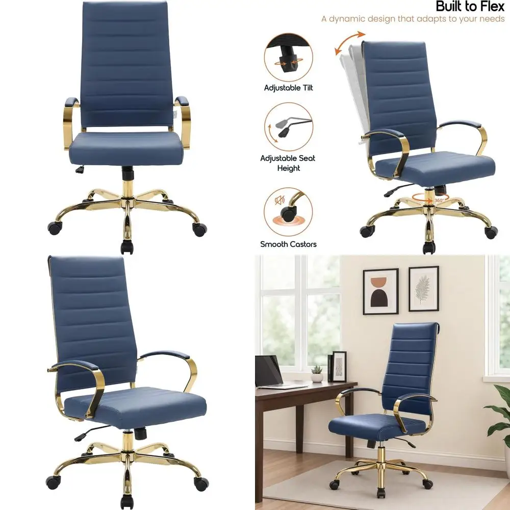 

Эргономичное кожаное офисное кресло с высокой спинкой и функцией вращения – регулируемое кресло руководителя для дома и офиса (темно-синий, комплект из 4 штук)