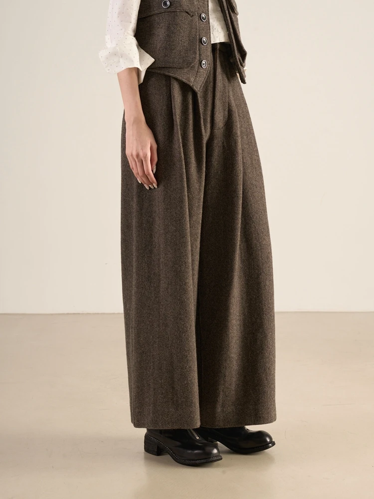 

Pure Wool High Waist Pleated Wide Leg Casual Pants for Women in Earth Tone Horizontal Stripe Pattern Autumn Season Ladies Tro...