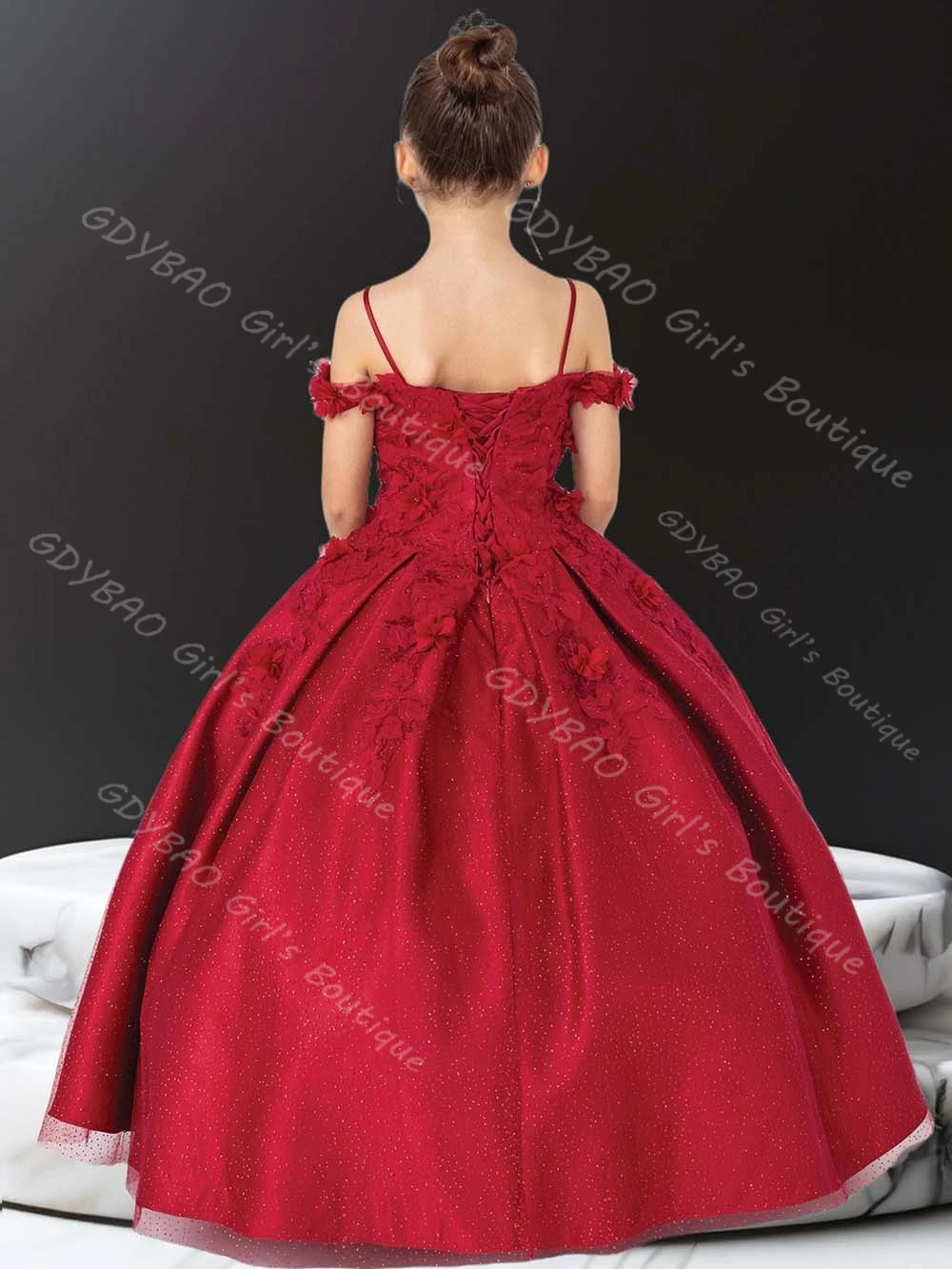 Aangepaste Meisjes Prinses Jurk Drop Schouder Baljurk 3D Applique Bloemenmeisje Jurk voor Bruiloft 2-14 Kids Pageant Party Gown