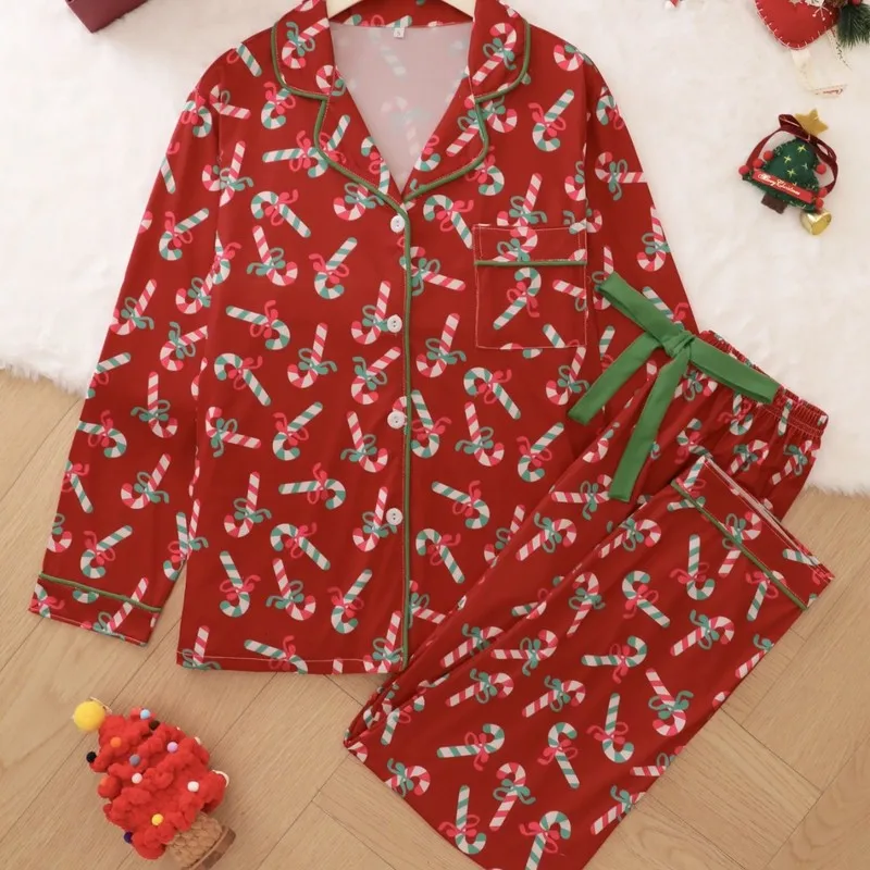 Stylish Patterned Print Women‘s Soft Cotton Pajama Set, Lapel Collar Long Sleeve & Long Pants Relaxed Fit, Breathable Lightweigh