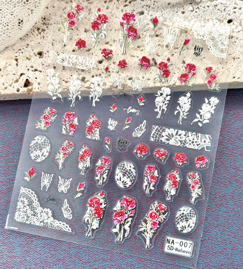 2 قطعة 5D تنقش مسمار ملصقات فنية أنيقة الورود الحمراء الزهور الأبيض الأربطة المتزلجون مسمار ملصقات زينة للتقليم #2