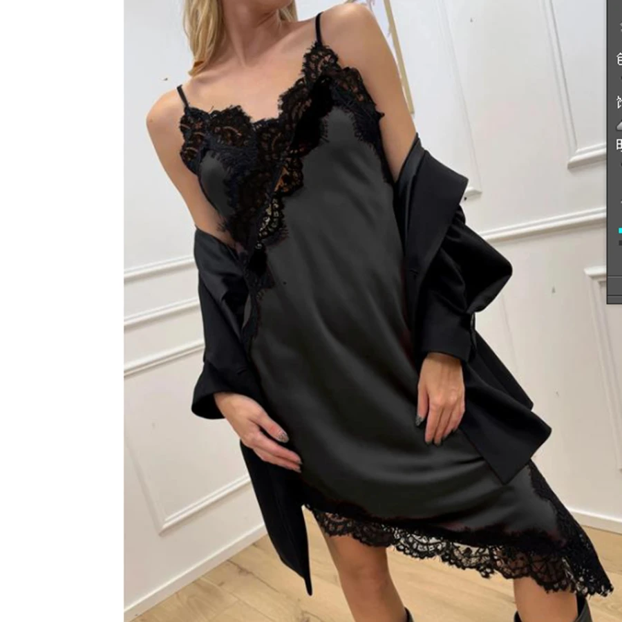 Sleeveless Spaghetti Strap V Neck Lace Patchwork Satin Dress Summer Party Dress Women's Asymmerital Midi Cami Dress