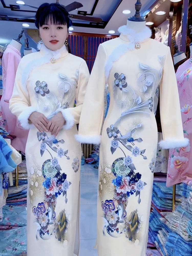 

Зимнее женское модное платье-ципао Ele Thiened Floed Qipao, новинка, с цветочным узором, длинным рукавом, стройнящее, в полный рост