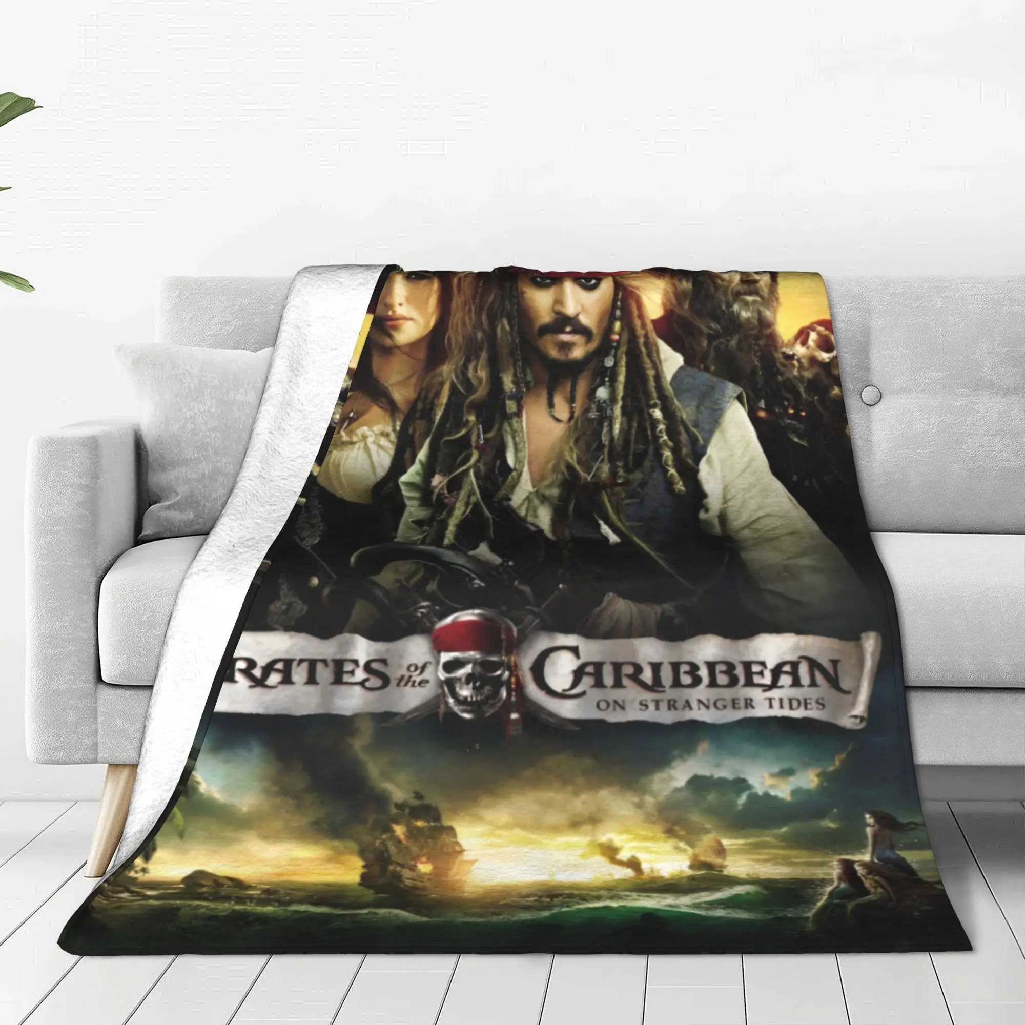 Pirates of The Caribbean Stanger Tides Flannel Throw Blanket Jack Sparrow Blanket for Home Couch Soft Outdoor Multifunction