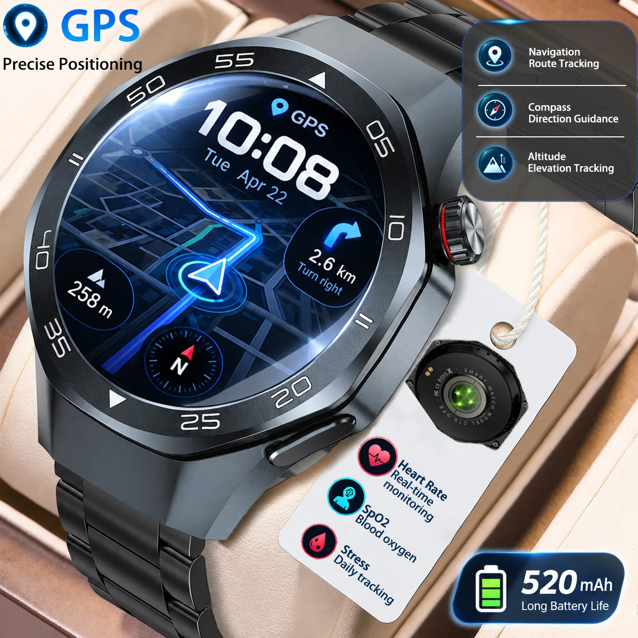 New Gps Smartwatch Map Navigation Compass Altitude Barometer Motion State Recognition Health Monitoring Waterproof Outdoor Watch