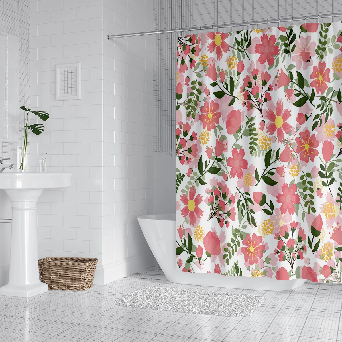 1 piece of 180x180cm pink fresh floral print shower curtain, partition bathroom waterproof and mold resistant home decoration