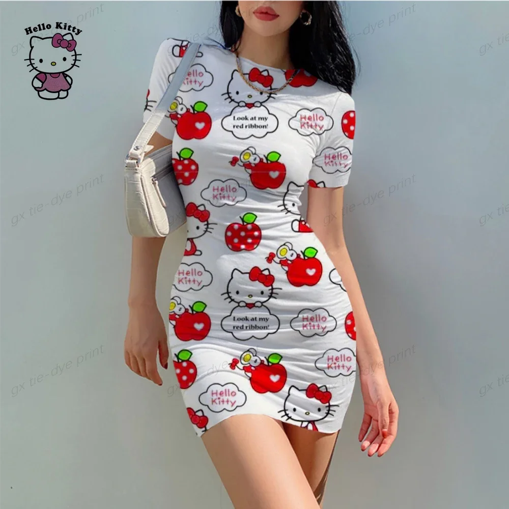 Vestido Hello Kitty 3D para mulheres, senhora, meninas, bodycon sexy, o-pescoço, manga curta, bolinhas finas, mini vestidos lápis, verão, 2024