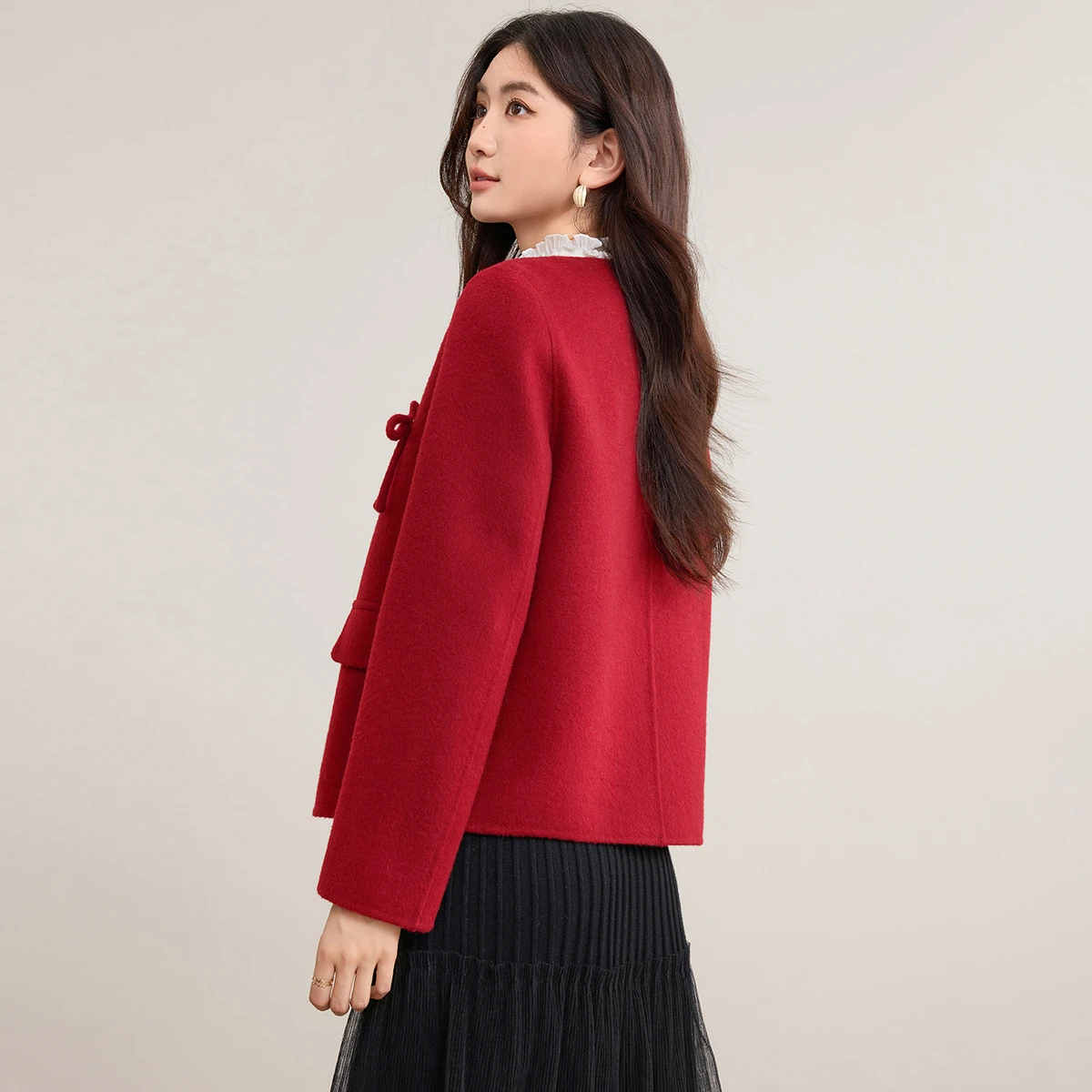 SENTUBILA Women's Double Faced Coat 100% Wool Winter Chinese Style Knot Design O-Neck Elegant Casual Soft Outerwear W54OF8762
