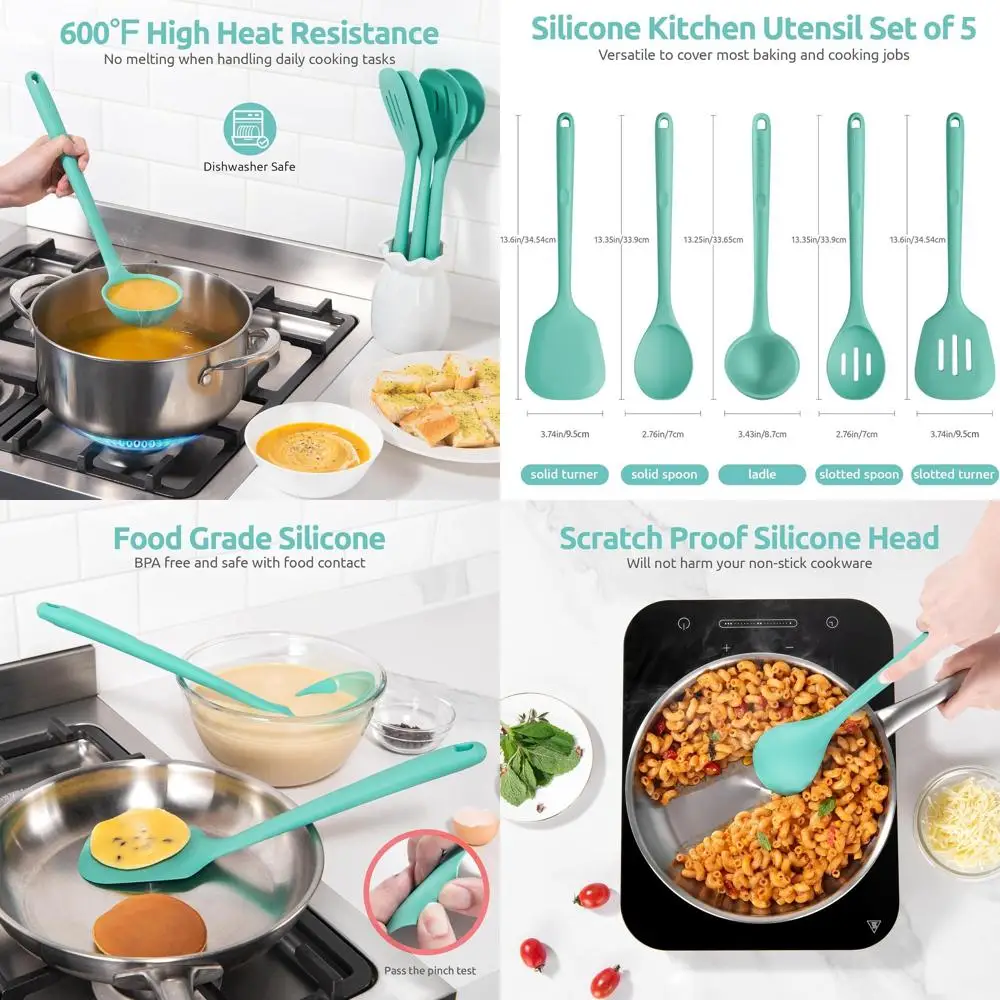 

13.6 Heat-Resistant Silicone Kitchen Utensil Set: 5-Piece Non-Stick Turner, Spatula, Mixing Spoon, and Ladle in Aqua Sky