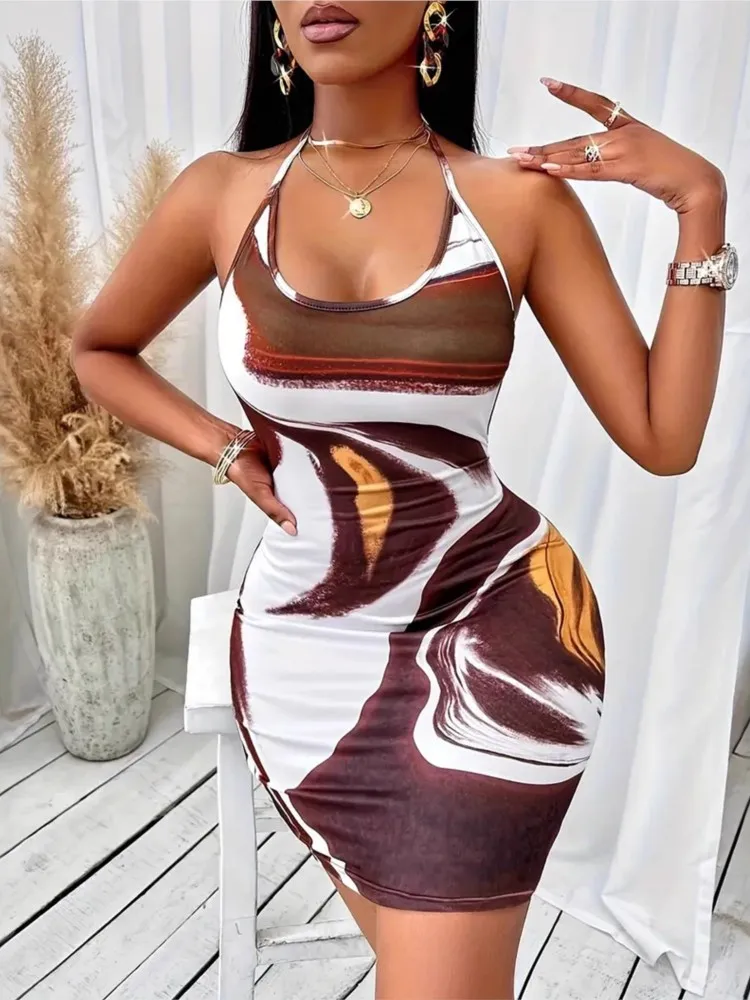 المرأة الجديدة طباعة اللباس أزياء مثير عارية الذراعين الدانتيل يصل Bodycon حزمة الورك السباغيتي حزام فساتين عطلة الشاطئ حزب اللباس