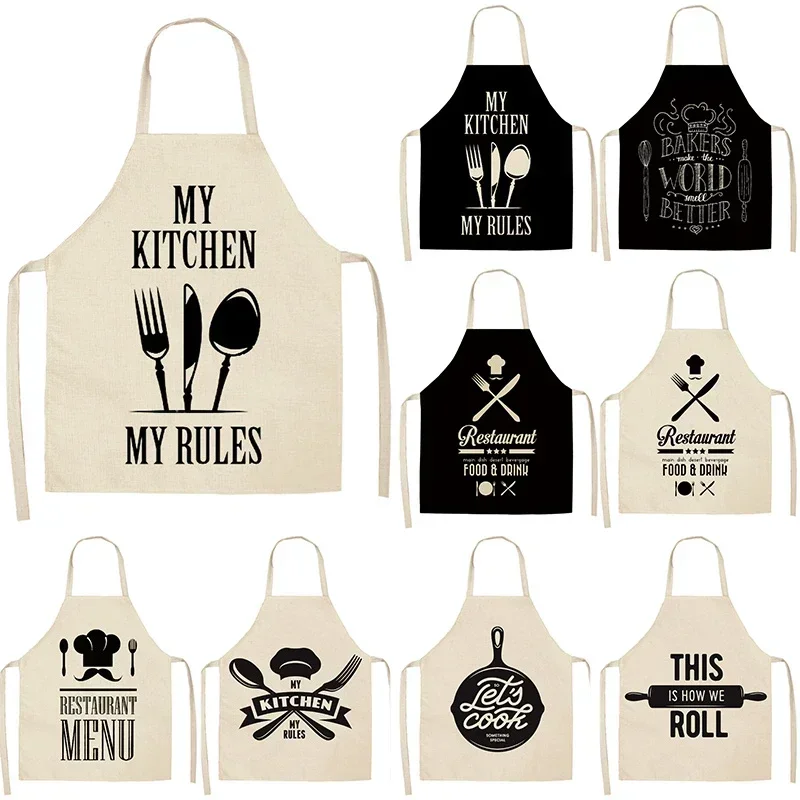 Letter Alphabet Kitchen Aprons for Women Cotton Linen Bibs Household Cleaning Pinafore Home Cooking Apron Delantal