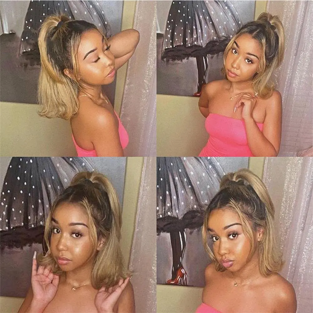Ombre Honey Blonde T1B/27 Bob Wig Human Hair Preplucked Bob Wigs Colored 13x4 Lace Brown with Dark Roots Bob Wig image 6