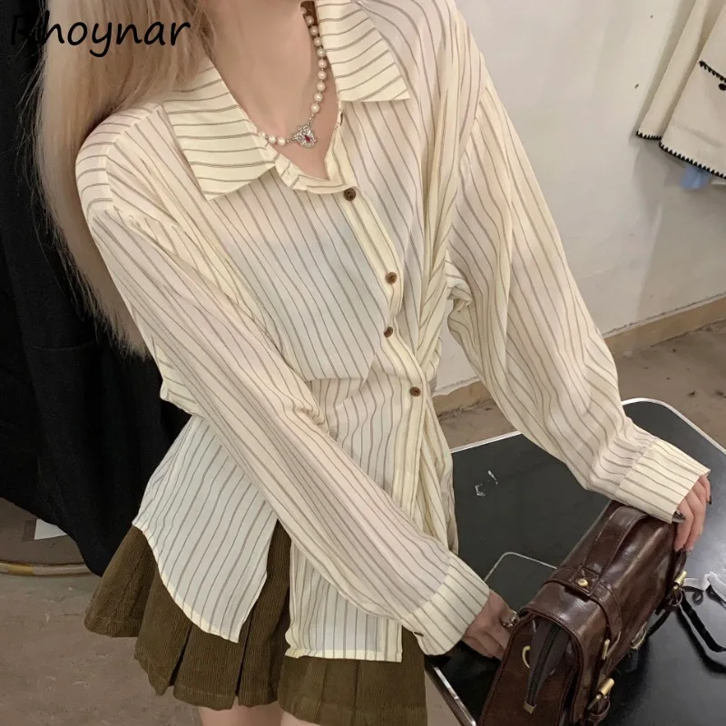 Irregular Shirts Women Korean Style Clothing Long Sleeve Button Design Side-slit Baggy Cozy Casual All-match Daily College Chic