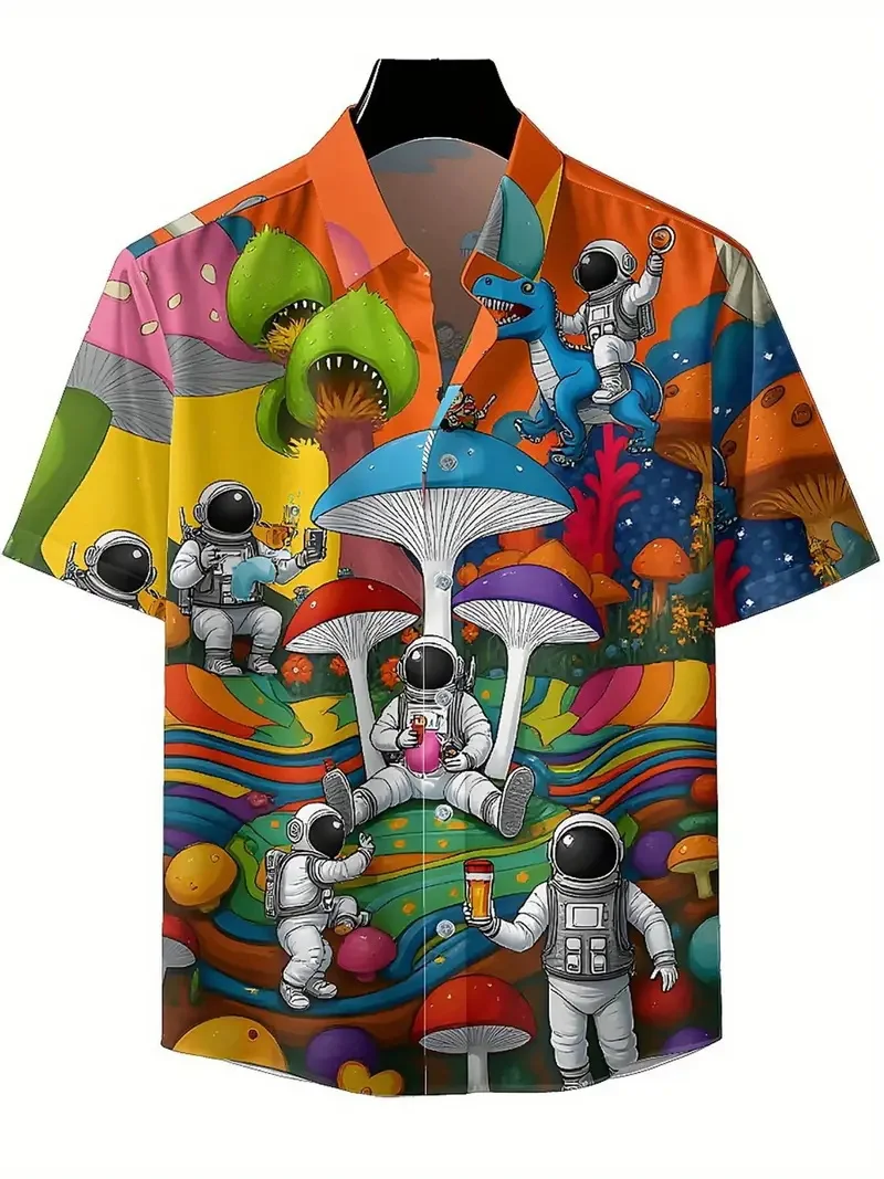 

Men's Short Sleeve Hawaiian Shirt Full Print Astronaut & Pizza Space Adventure Theme Button-Up Aloha Shirt Men's Vacation Blouse