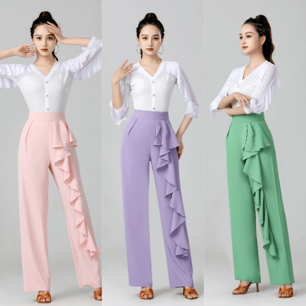 Pantalones latinos de cintura alta para actuación de Tango, pantalones de competición de Samba verde claro para fila de pantalones de baile para mujer con volantes