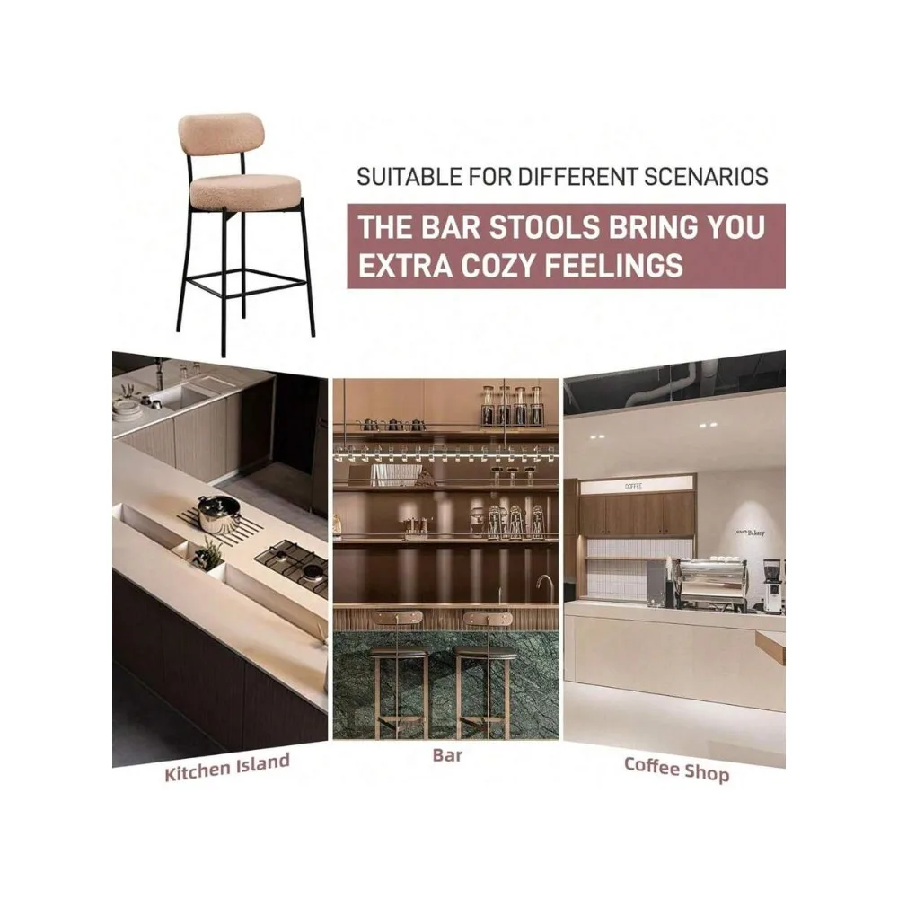 Beige Bar Stools Set of 2, 27.56 Inch Counter Height Barstools with Back, Modern Upholstered Boucle Seat Cushion, Sturdy Metal Legs for Kitchen Island, Dining Room, Living Room, Home Bar view 7