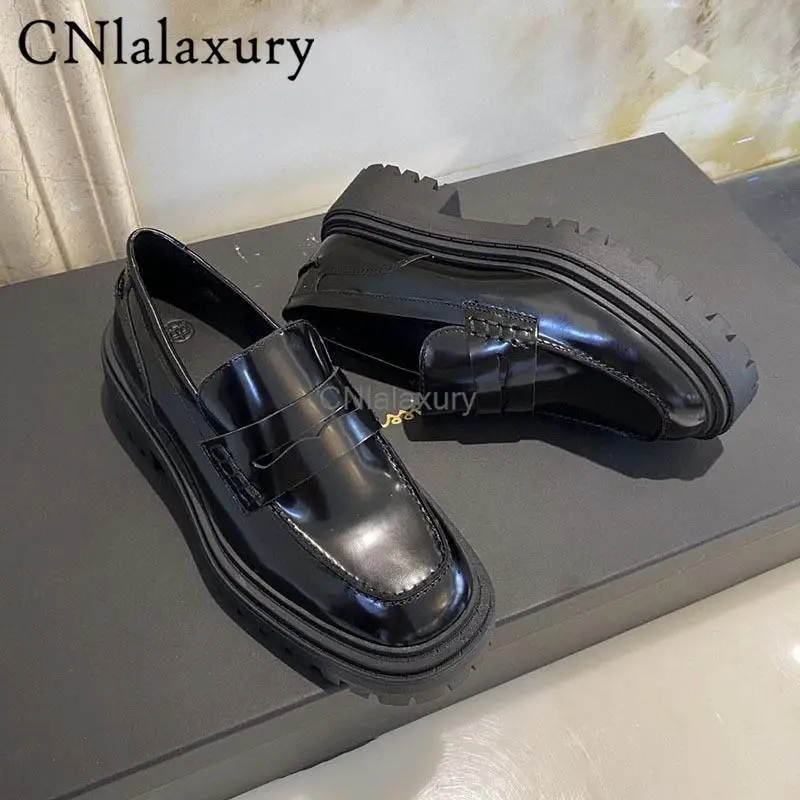 CNlalaxury 2022 New Summer Women Genuine Leather Chunky Square Toe Heel Shoes Slip-on Loafers Casual Solid Shoes Female