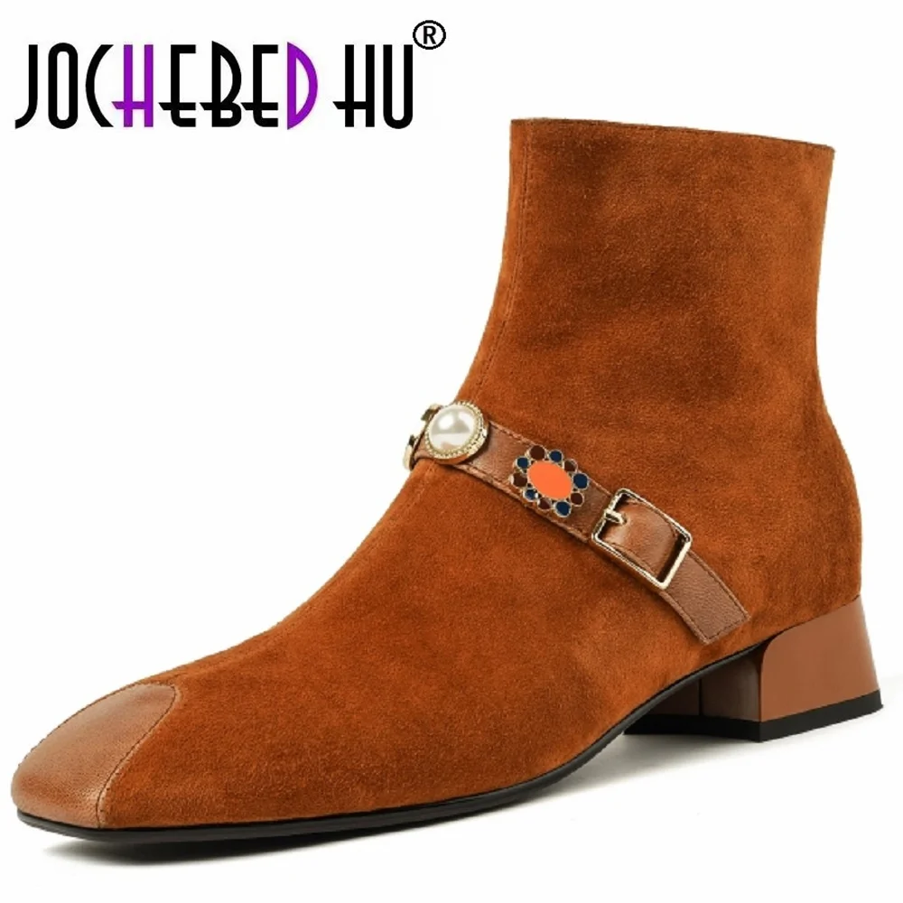 

【JOCHEBED HU】Handmade Genuine Leather Square Toe Low Heel Shoes for Women Elegant Ankle Boots Zip Modern Boots 34-40