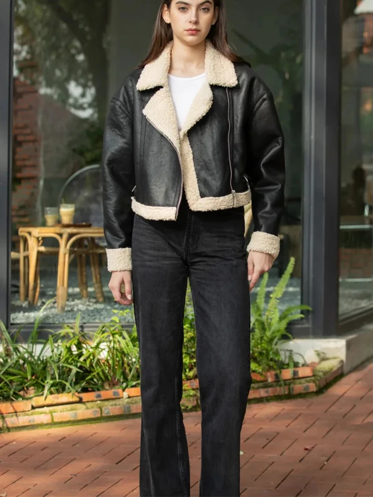 

HH 2024, винтажные женские куртки из искусственной кожи, свободные пальто с меховым отложным воротником на молнии, женская теплая уличная зимняя верхняя одежда