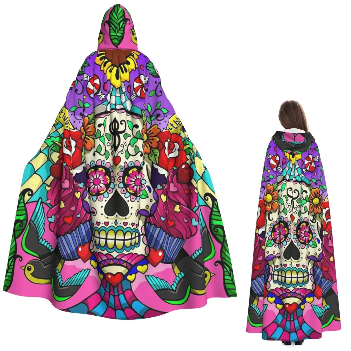 

Мексиканский сахарный череп День мертвых длинный плащ с капюшоном ведьма средневековый костюм косплей накидка Хэллоуин пальто для взрослых унисекс