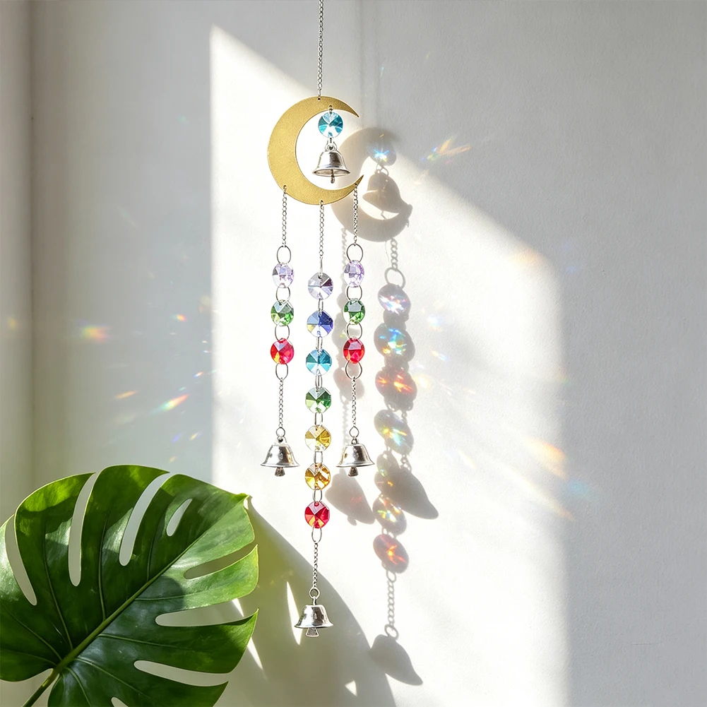 Mondförmiger Metall-Sonnenfänger, Hängeanhänger mit bunten Kristallperlen und Glöckchen, Ornament für Fenstervorhänge, Heim- und Raumdekoration – Detail 3