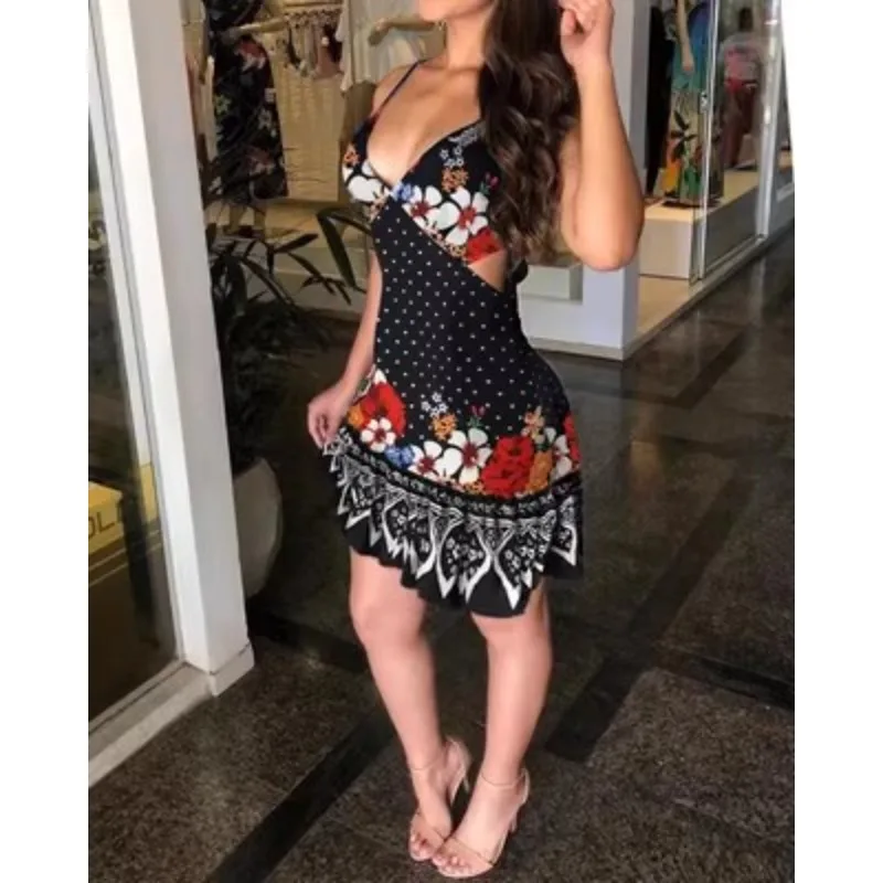 Women's Explosive Summer Fashion Hollow Print Halter Dress Personality Print Waist Dress Temperament Elegant Knee-length Skirt