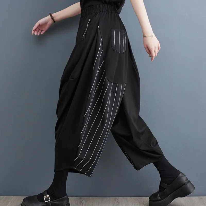 #2902 Spliced Striped Wide Leg Pants Women Elastic Waist Loose Asymmetrical Trousers Female Pockets Bloomers Baggy Pants Summer