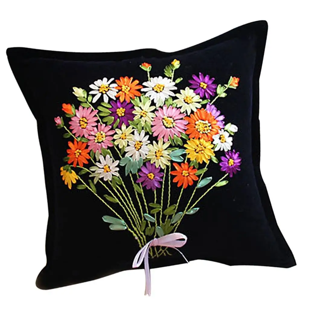Ribbon Cross Stitch Style Silk Floral 3D Embroidery Kit Easy DIY Beginner Set for Living Room Decor