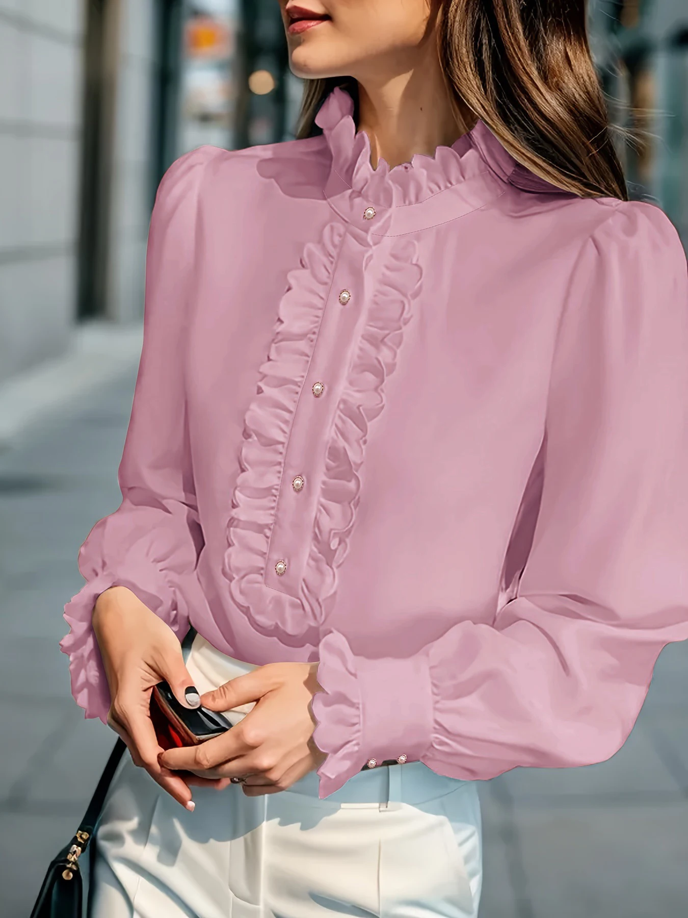 Damen-Bluse mit Rüschen und Stehkragen, Puffärmel, Knopfverzierung, elegantes Bürohemd, lässige Chiffon-Oberteile – Detail 5