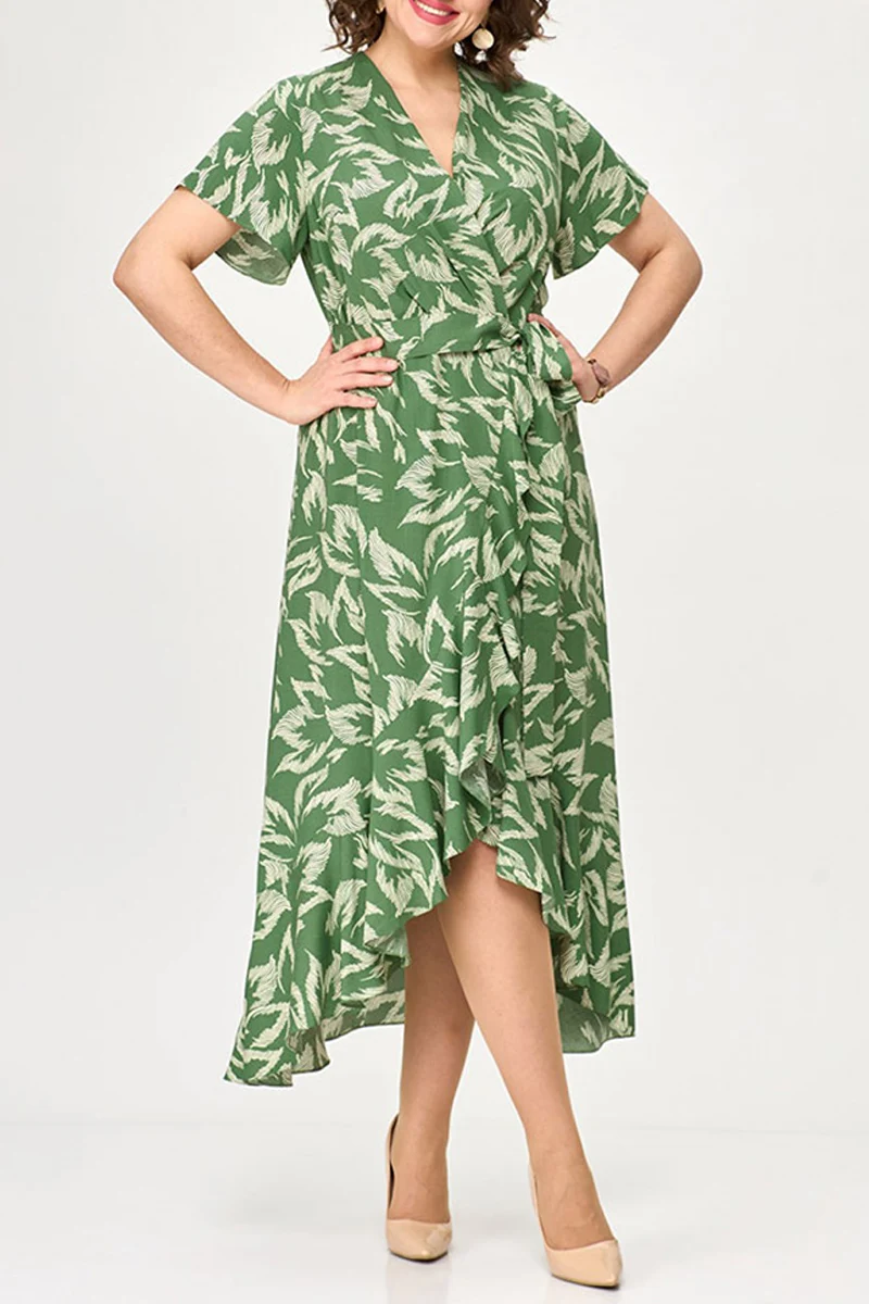 Flycurvy Plus Size Mother Of The Bride Green Chiffon Plant Print Lace-Up Crossover Hem Tunic Tea-Length Dress