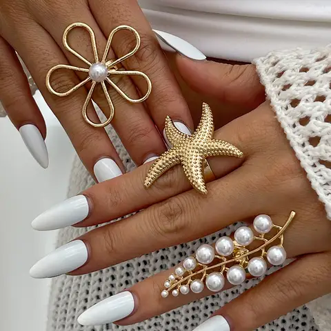 DIEZI Sweet Korean Imitation Pearl Flower Starfish Leaves Rings For Women Men Gold Silver Color Knuckle Joint Ring Jewelry