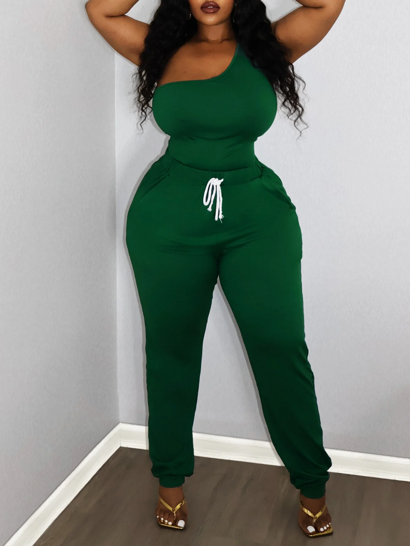 LW BASICS Plus Size Two pieces sets green One Shoulder Top + Drawstring Pants Set casual women\'s matching suit Elegant 2pcs set