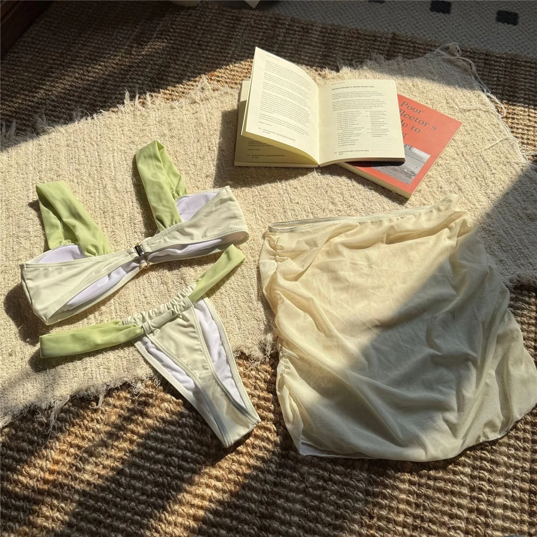 Mit Rock-Spleiß, hoch geschnittenem Bikini, Damen-Badebekleidung, dreiteiliger Bikini-Set, Badeanzug, Badebekleidung, Schwimmbekleidung V6582 – Detail 17