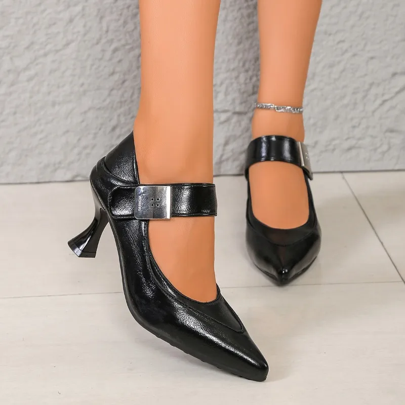 Metal Buckle One Strap Slim Heel Single Shoes Autumn New Pointed Toe Shallow Mouth Anti-slip Wear-resistant High Heels view 4