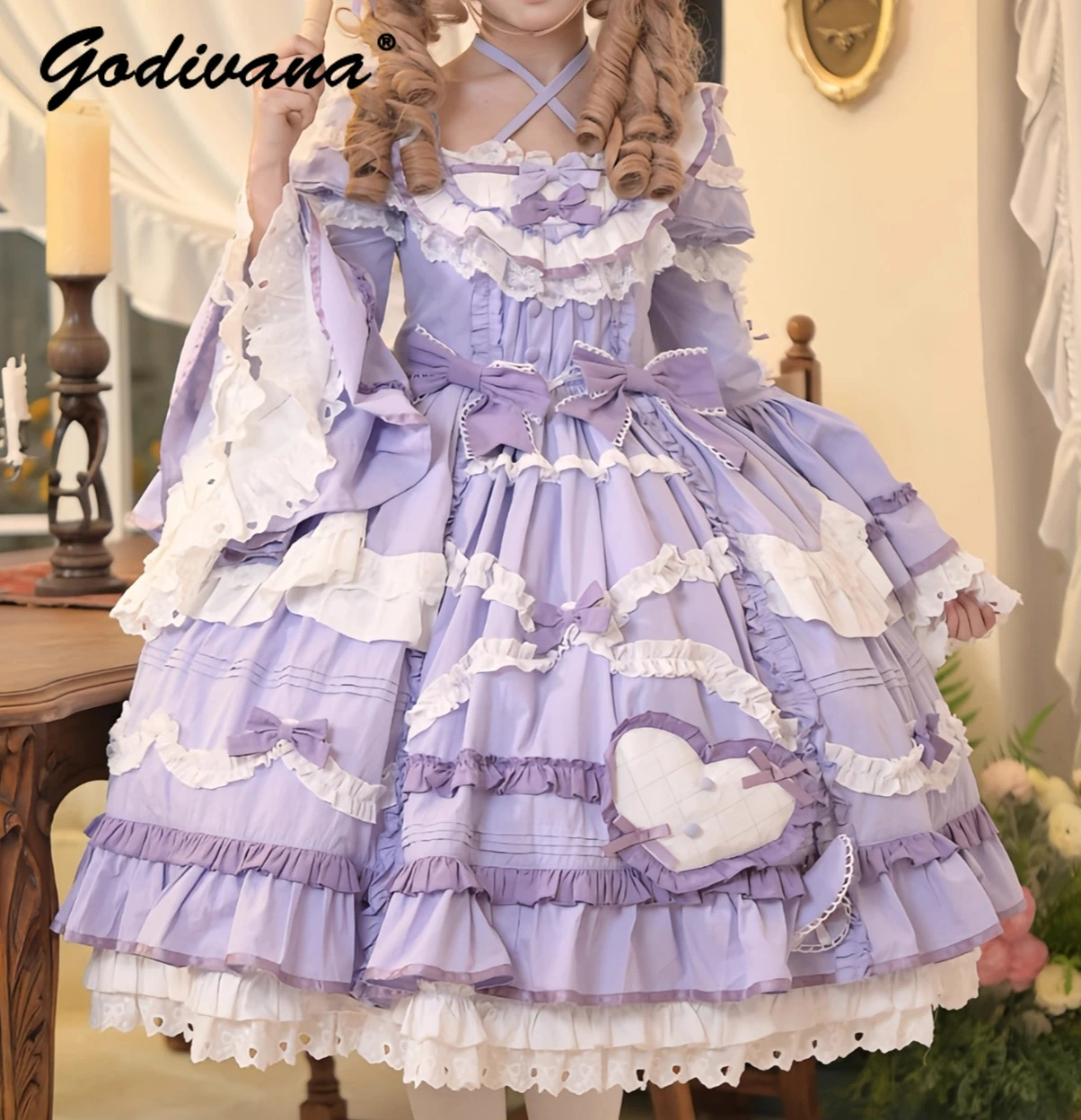 Original Design Gorgeous Ji Sleeve Lolita Princess Dress Girls Women's Square Neck Cross Halter Lace Bow Cos Sweet Dresses