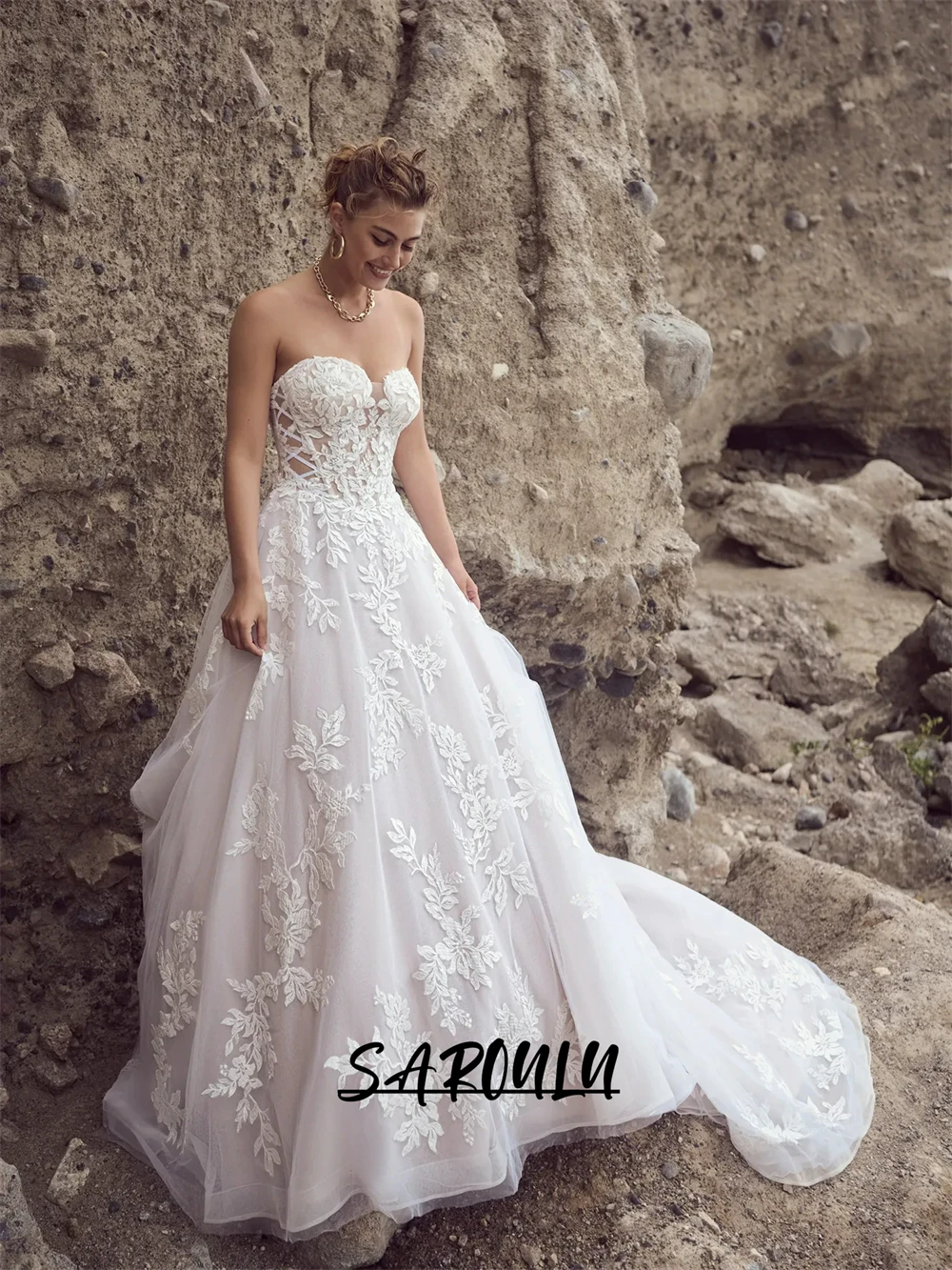 

Classic Women's Wedding Dress with Flower Appliques Strapless Corset A Line Long Bride Dresses, Customized Vintage Bridal Gown