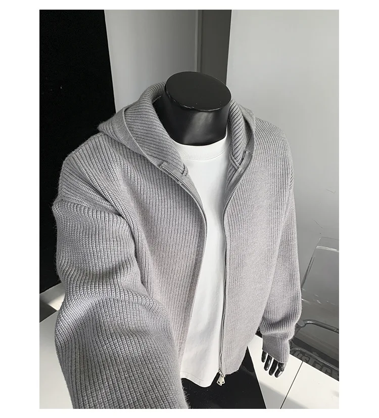 2026 New Autumn Winter Simple Solid Color Knitted Hoodie Men Japan Korean Fashion Casual Loose Double Zipper Hooded Jacket